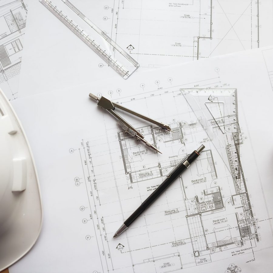 Image of engineering objects on workplace top view.Construction concept. Engineering tools.Vintage tone retro filter effect,soft focus(selective focus)